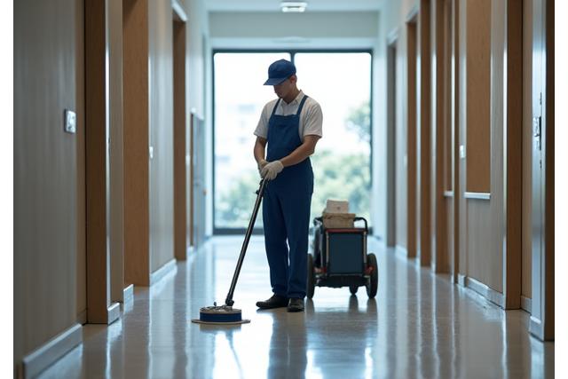 Professional janitor cleaning a hallway in a commercial building